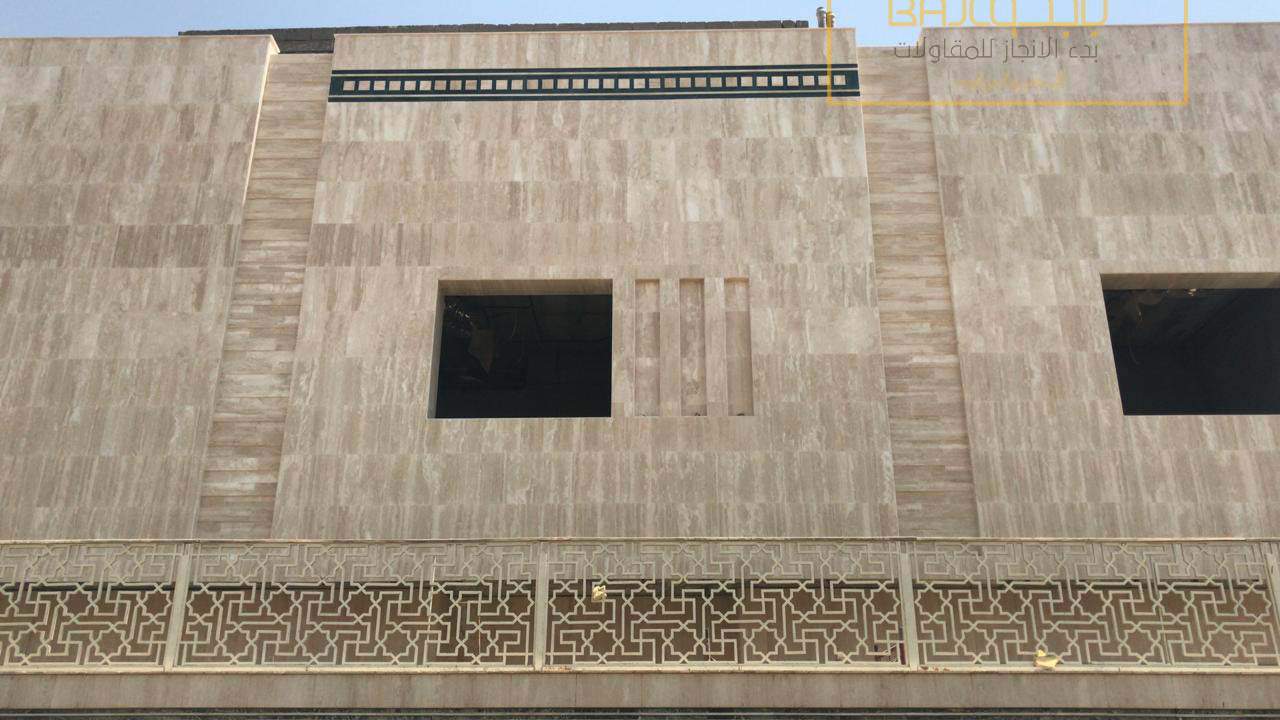 تركيب رخام ترافنتينو ايطالي ميكانيكي واجهات 30 60 مخرج 14 باجكو للرخام