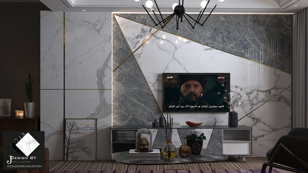 تصميم خلفية تلفزيون من رخام الستتواريو الابيض مع رخام الرمادي باجكو