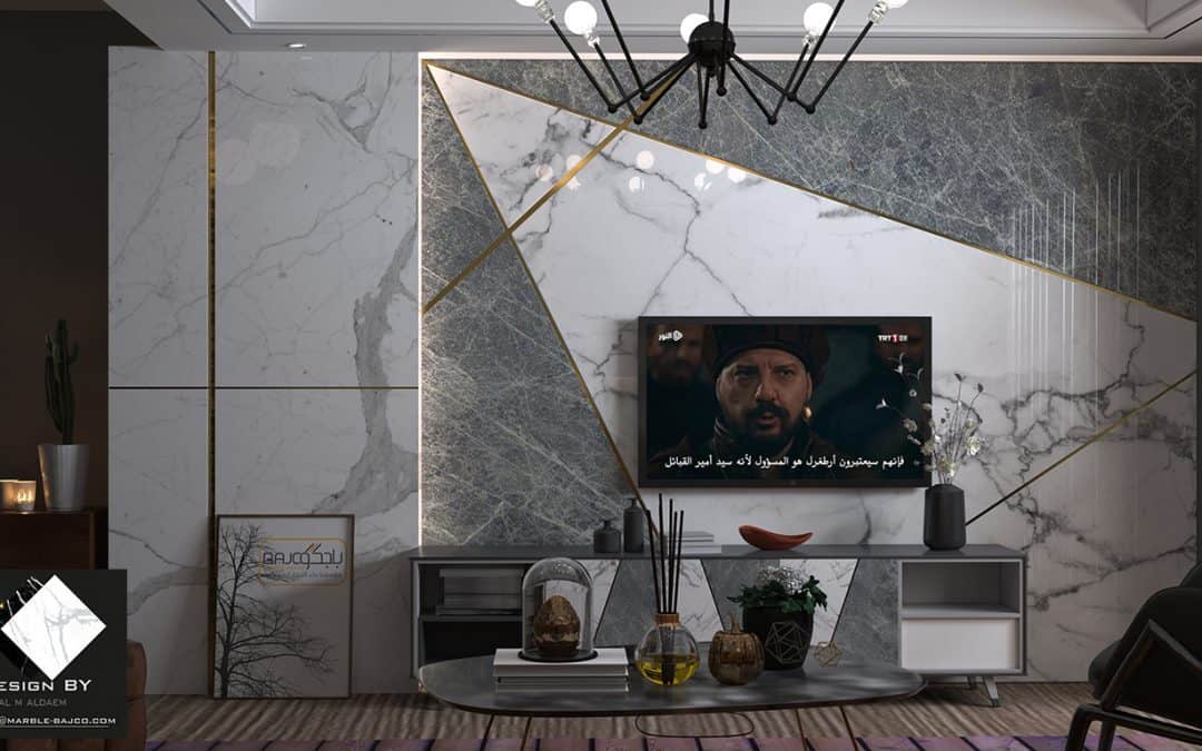 تصميم خلفية تلفزيون من رخام الستتواريو الابيض مع رخام الرمادي